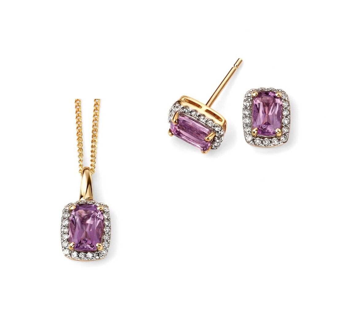 9ct Gold Amethyst and Diamond Pendant and Earrings Set 16 18 or 20" Chain