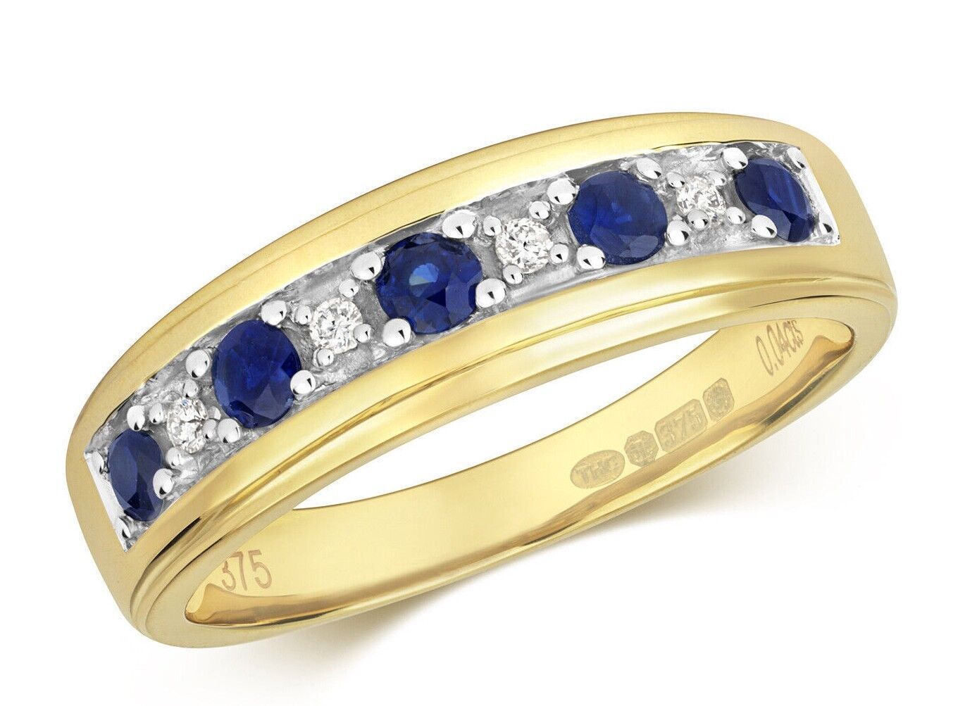Real Sapphire and Diamond Eternity Ring 9ct Yellow Gold Band Size J-Q