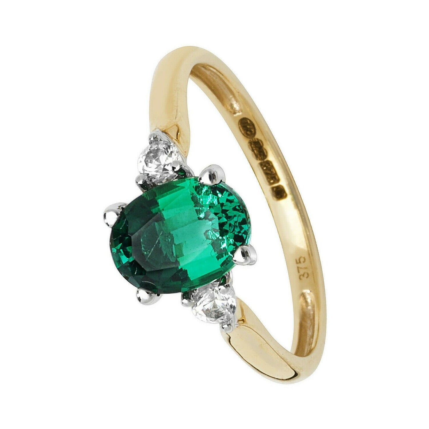Yellow Gold Emerald Ring Solitaire Oval White Sapphire Engagement Hallmarked