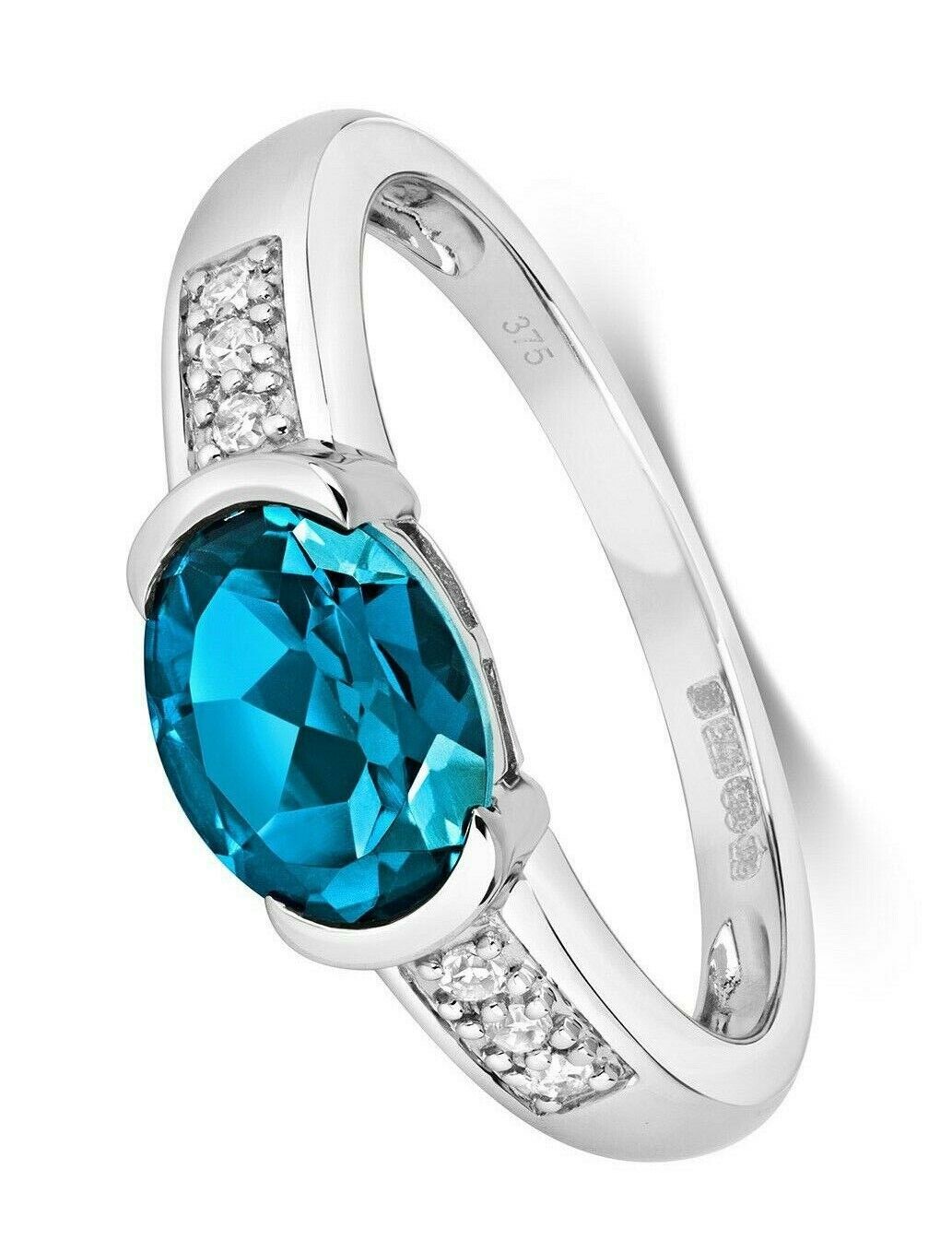 Real London Blue Topaz and Diamond Ring Solid White Gold 8 x 6mm Oval Solitaire