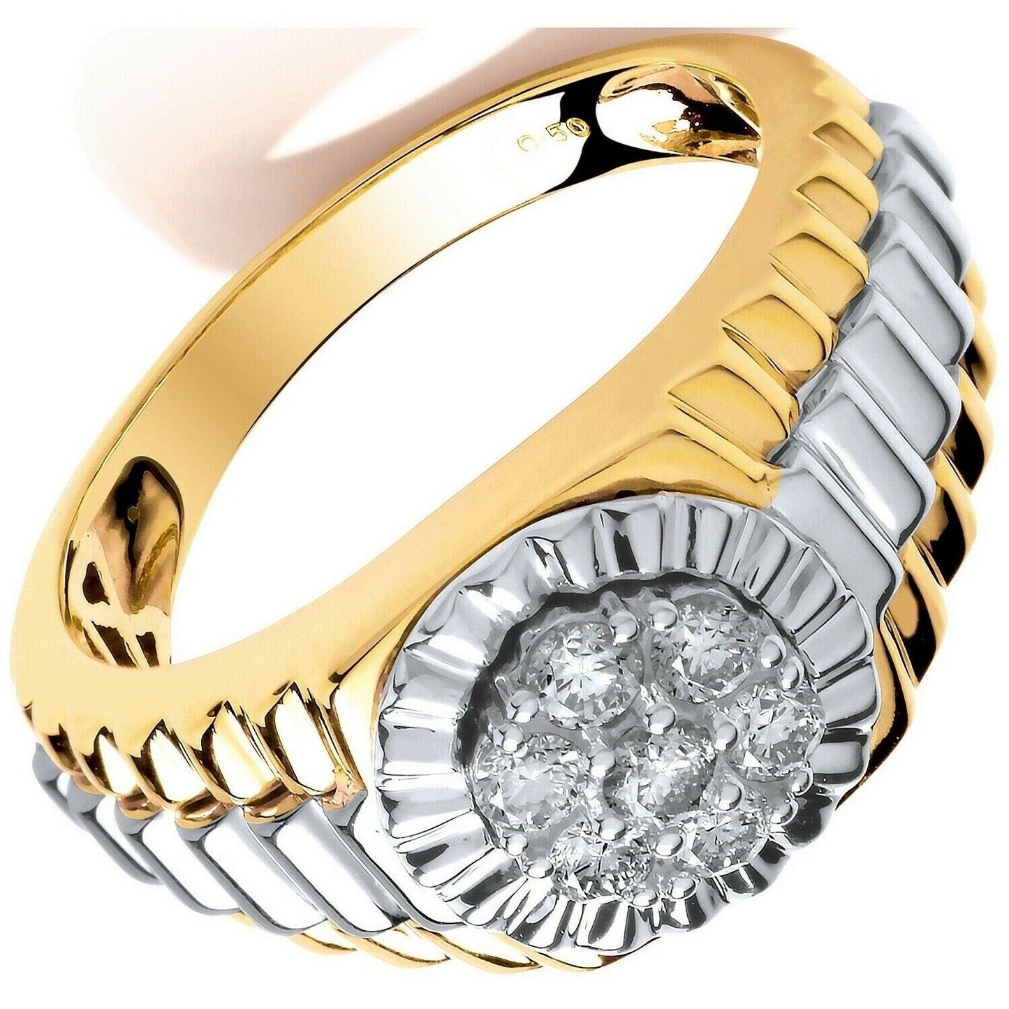 Gents Real Diamond Round Signet Ring 9ct Yellow and White Gold Watch Strap Pinky