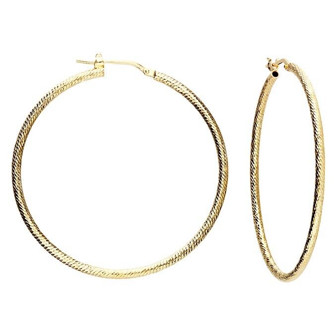 Large Hoop Earrings 40mm Diamond Cut Twist Yellow Gold on 925 Sterling Silver