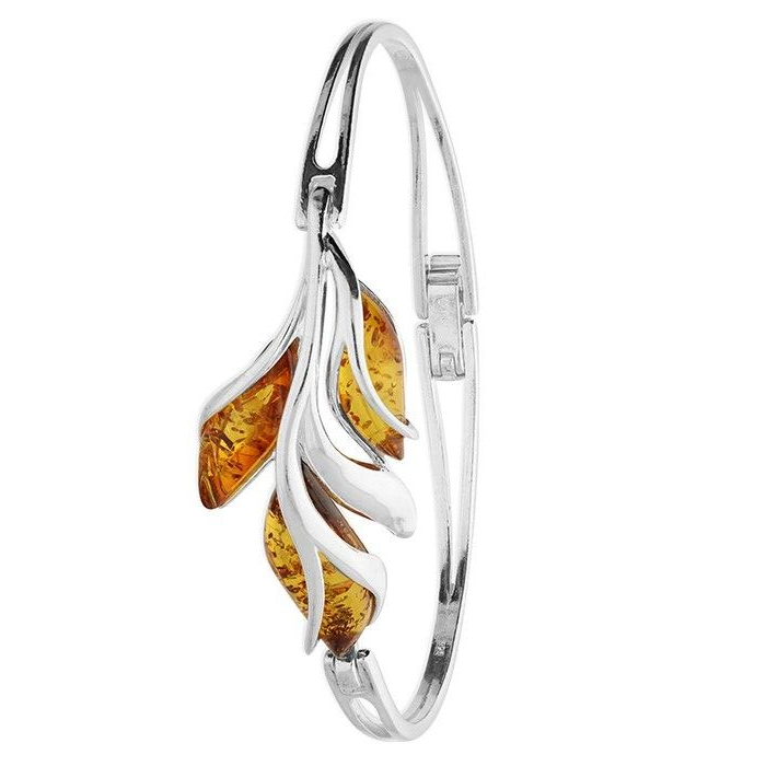 Cognac Amber Leaf Bud Bangle Solid Sterling Silver Hallmarked