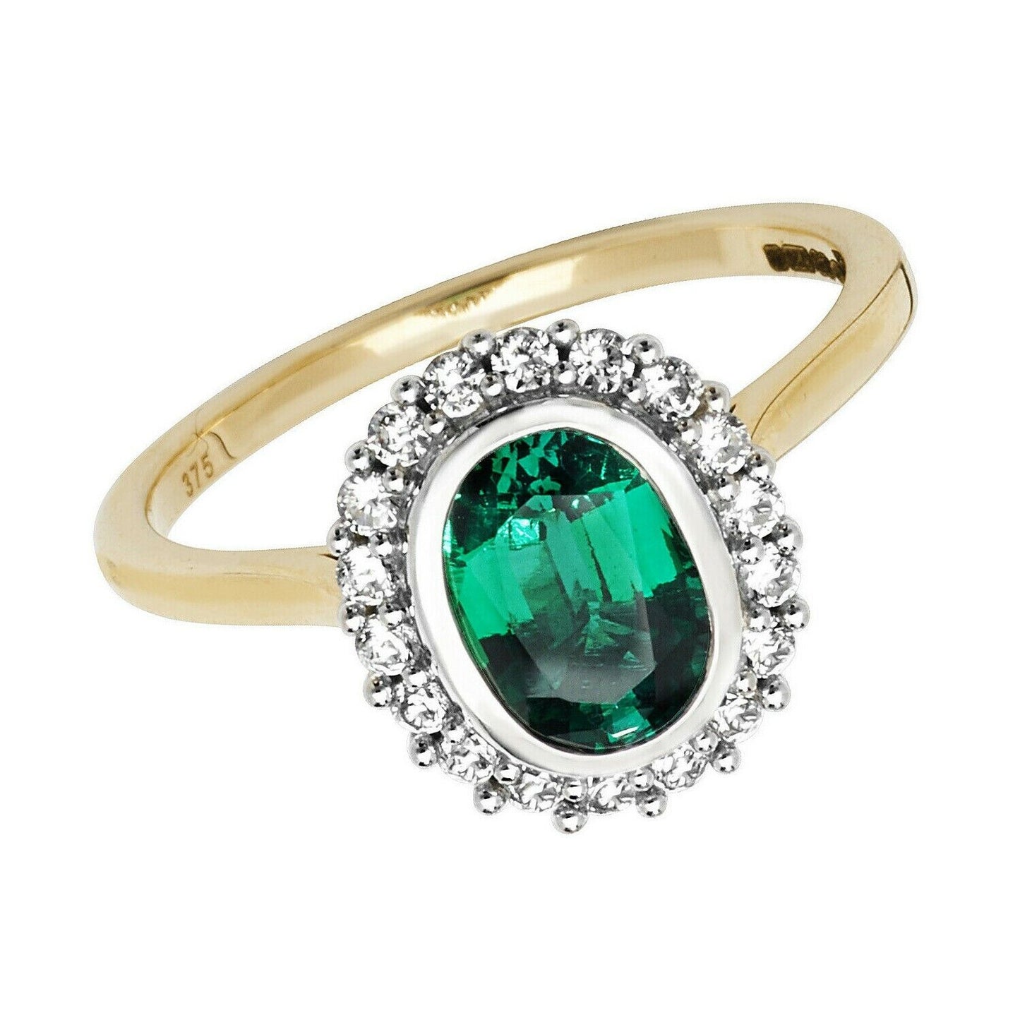 Yellow Gold Emerald Ring White Sapphire Engagement Cluster Dress Hallmarked