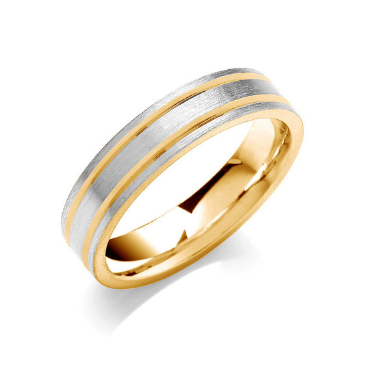 5mm Flat Court Wedding Band Matt Finish Parallel Groove 9k Yellow and White Gold