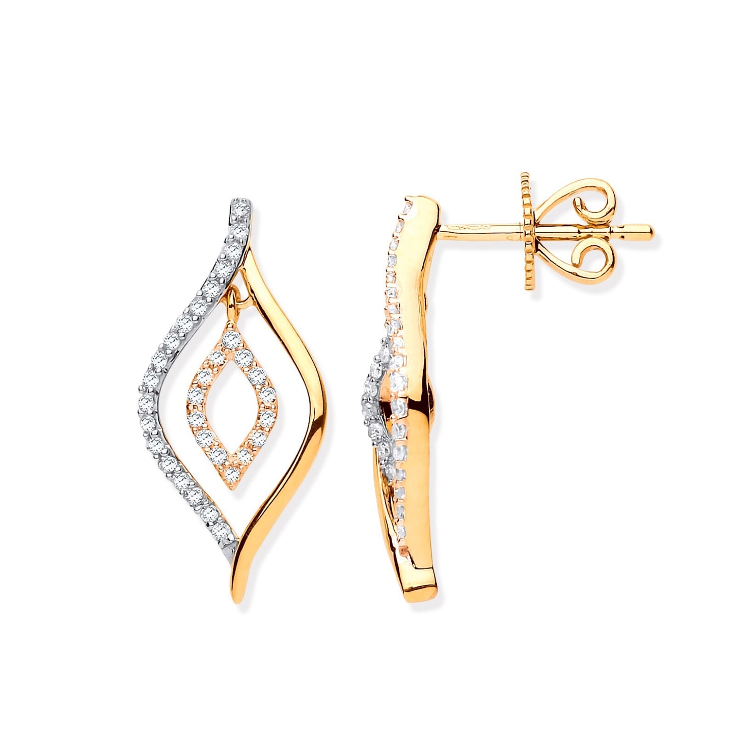 9ct Yellow Gold 0.25ct Diamond Leaf Drop Earrings Length 20.6mm Hallmarked