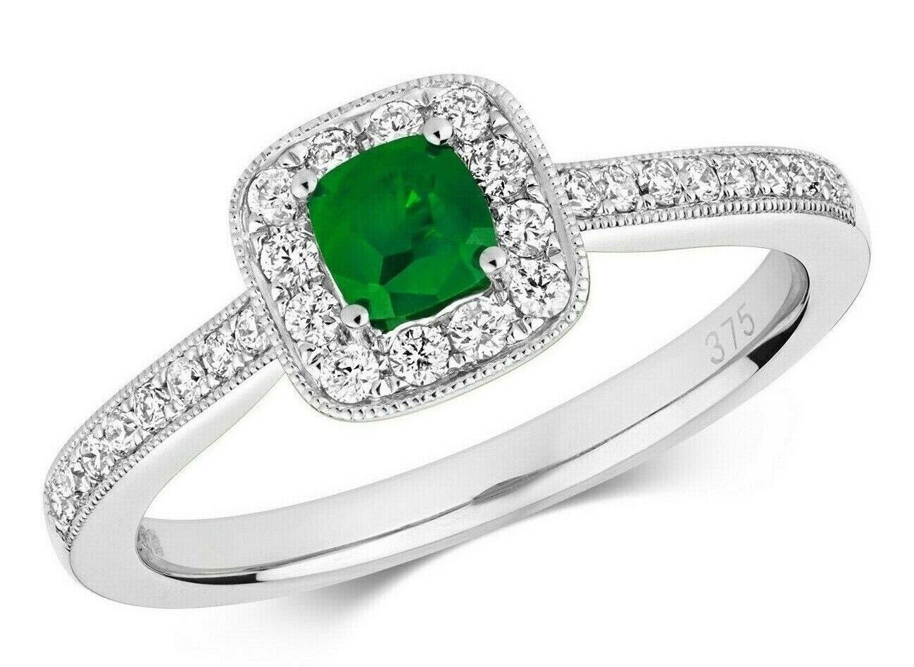 Real Emerald and Diamond Ring 9ct White Gold Cushion Cluster Engagement