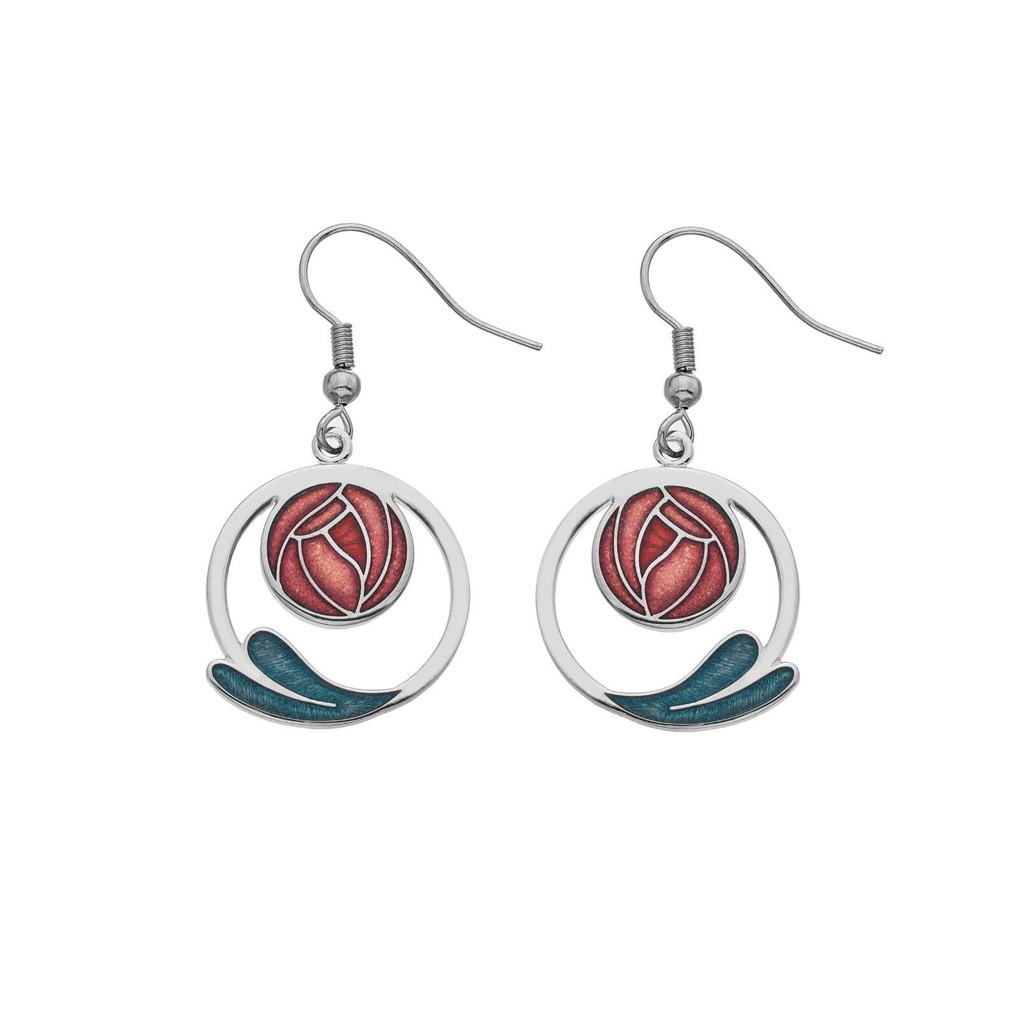 Mackintosh Rose Drop Earrings Coiled Leaf Silver Plated Branded Packaging