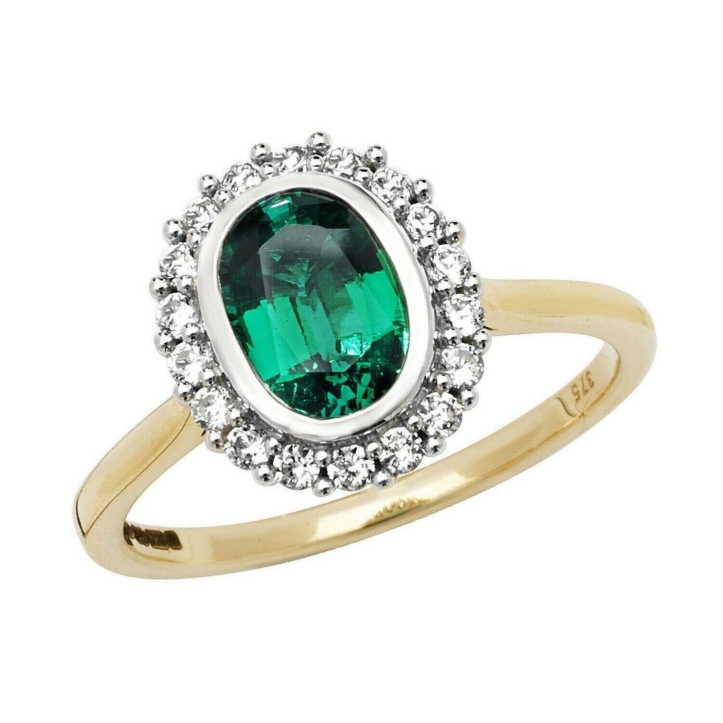 Yellow Gold Emerald Ring White Sapphire Engagement Cluster Dress Hallmarked