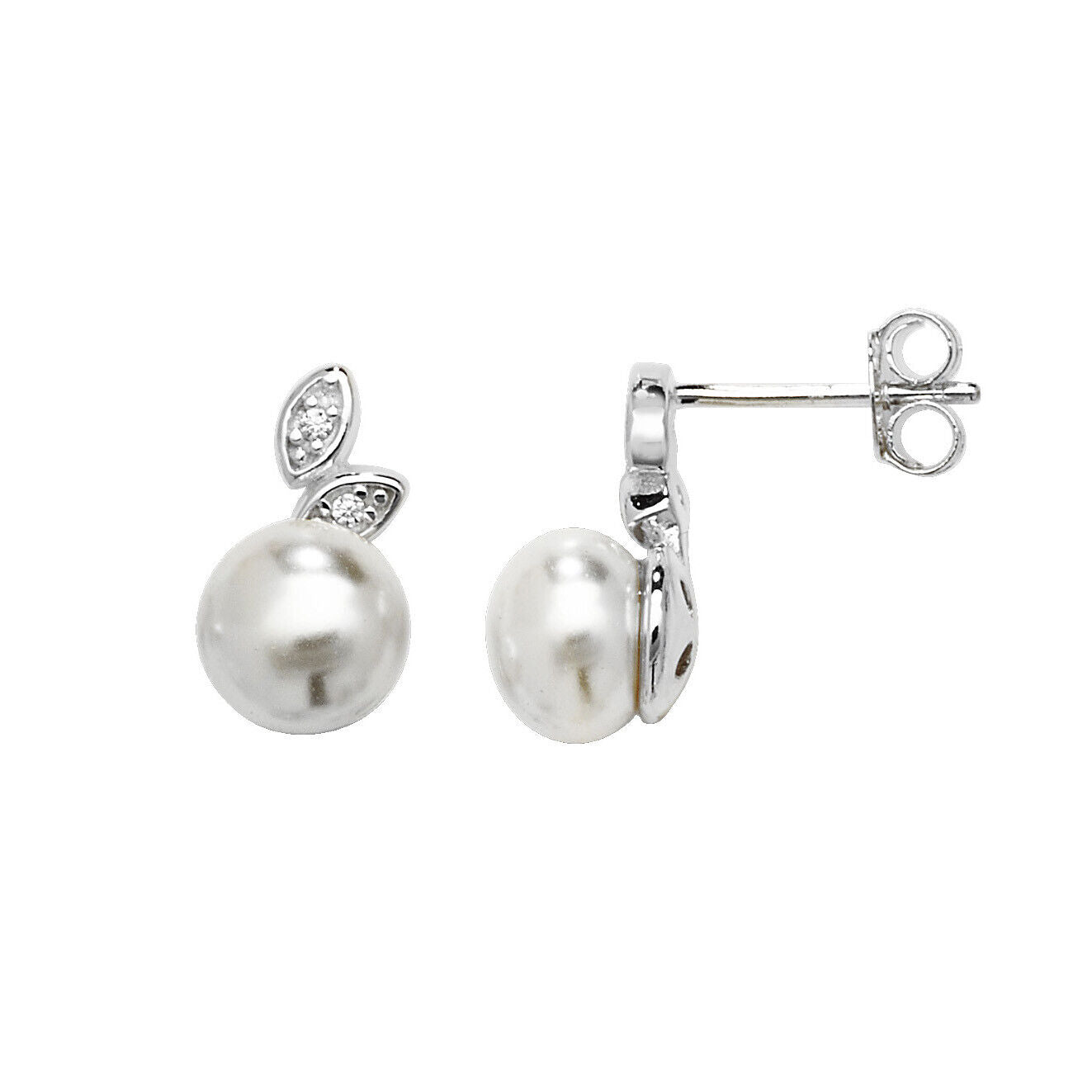 Sterling Silver Pearl Earrings Leaf Design Gemstone 925 Hallmark British Made