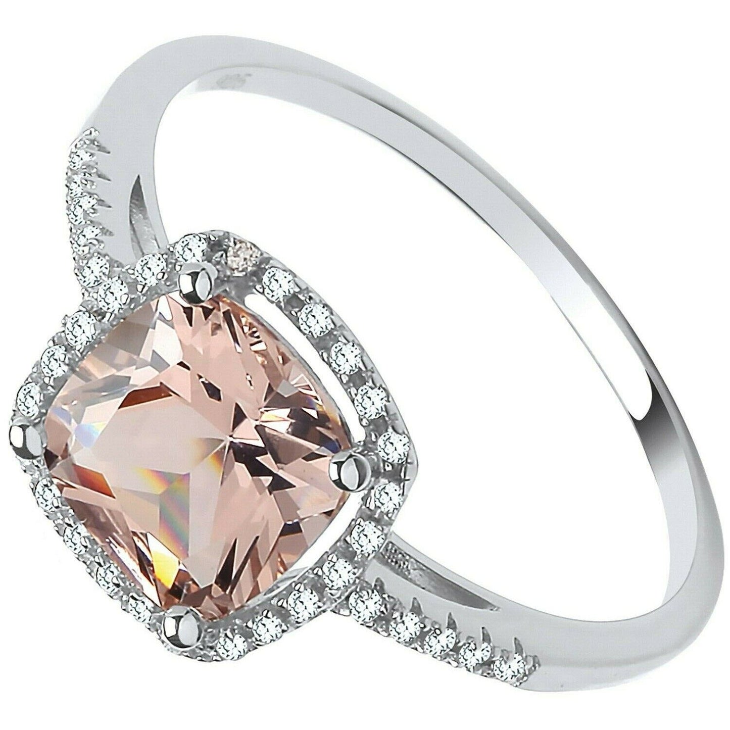 Morganite Cushion Halo Ring Sterling Silver 925 Hallmark Rhodium Finish British