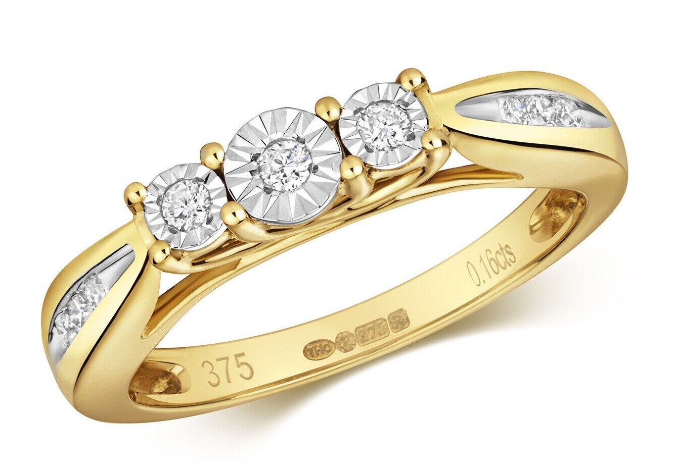 Real Diamond Three Stone Ring 9ct Yellow Gold Trilogy Size J K L M N O P Q