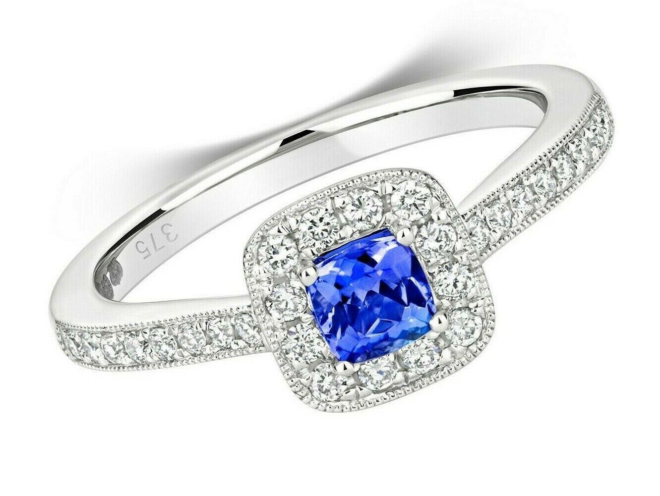 Real Tanzanite and Diamond Ring 9ct White Gold Cushion Cluster Size J - Q