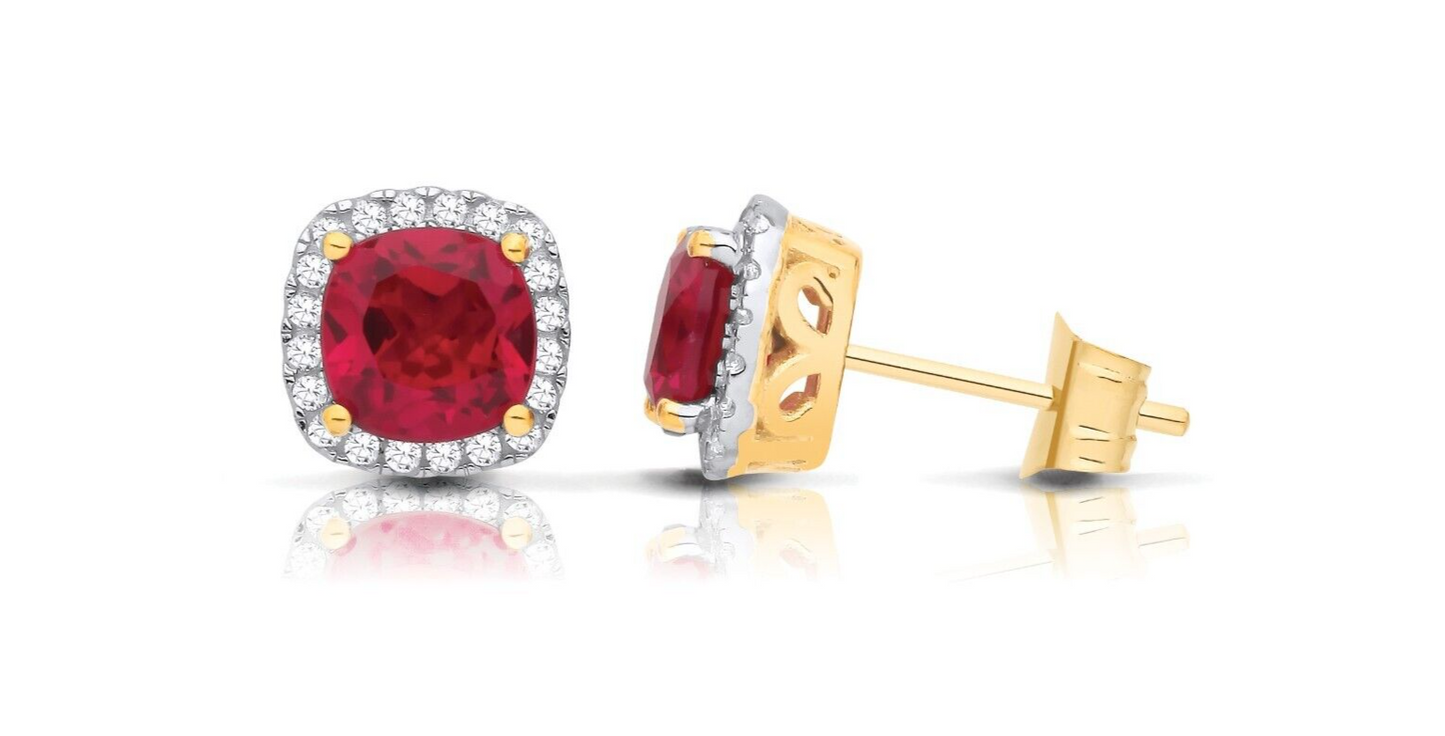 Ruby Cushion Cluster Stud Earrings Solid 9ct Yellow Gold Hallmarked