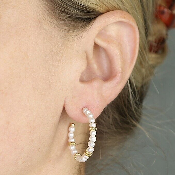 Freshwater Pearl Hoop Earrings 18ct Yellow Gold on Solid Sterling Silver 925