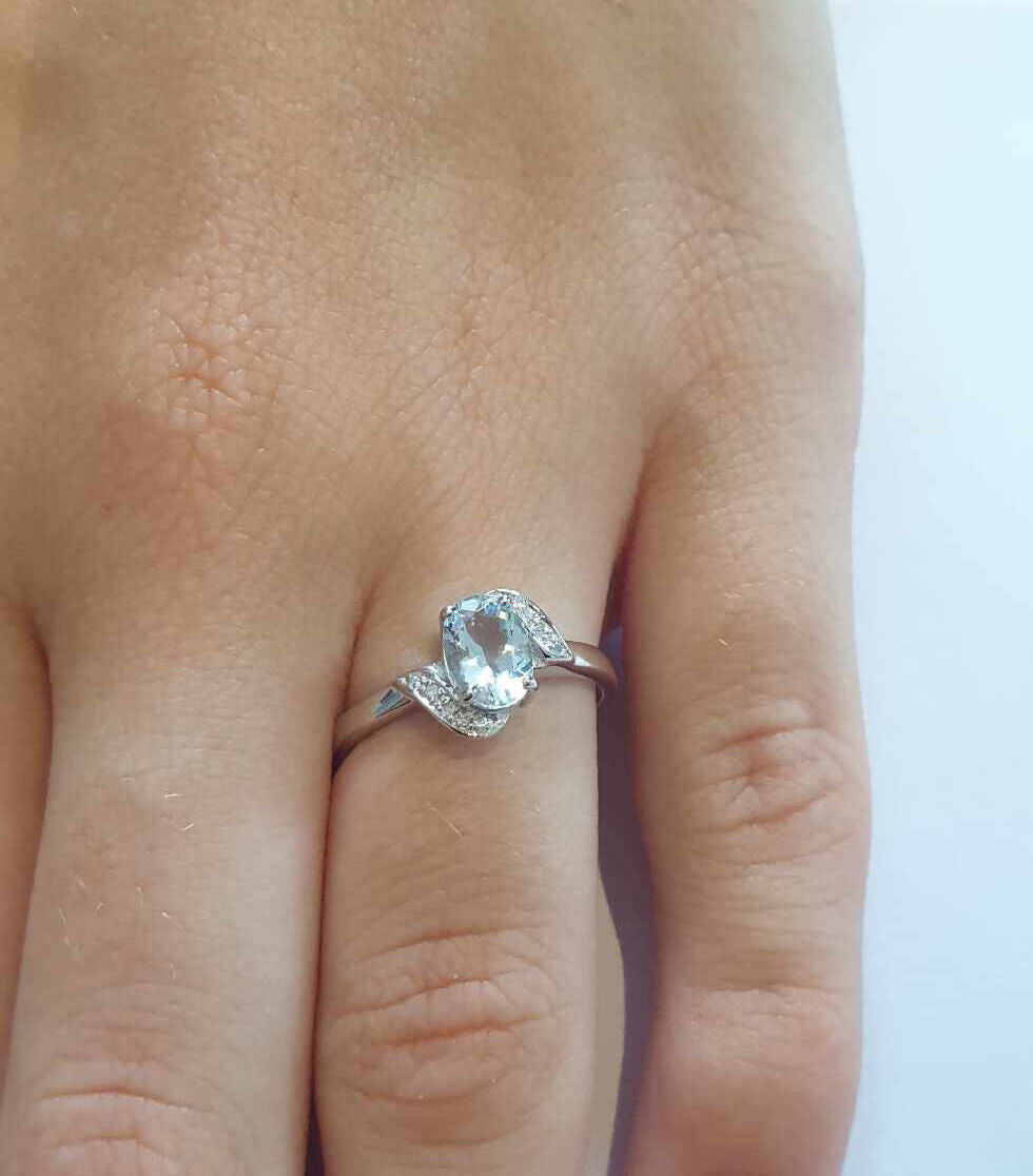 Real Aquamarine and Diamond Ring Solid White Gold Oval Twist Solitaire Sizes J-Q