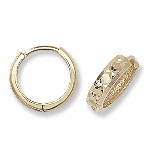 Yellow Gold Hoop Earrings Diamond Cut Huggie 15mm British made 9ct Hallmarked