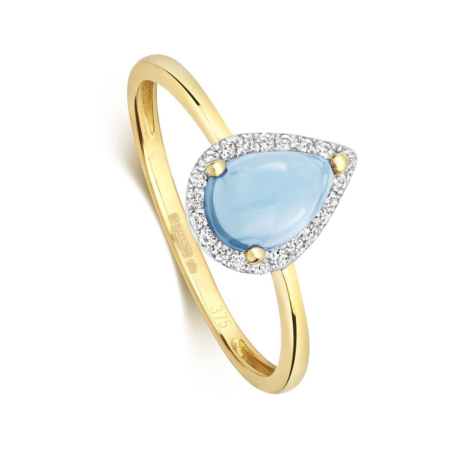Real Blue Topaz Cabochon and Diamond Ring Solid Yellow Gold Pear Stone Size J-Q