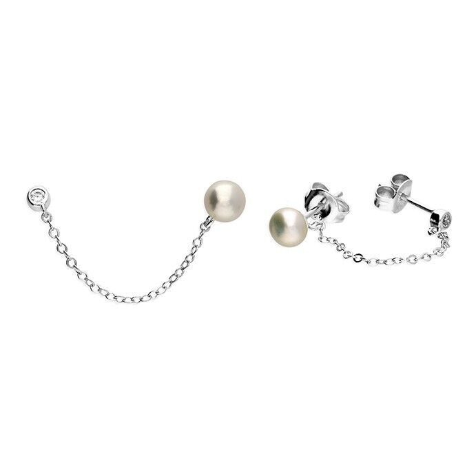 Freshwater Pearl Double Stud Earrings With a Chain Drop Solid Sterling Silver
