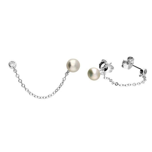 Freshwater Pearl Double Stud Earrings With a Chain Drop Solid Sterling Silver