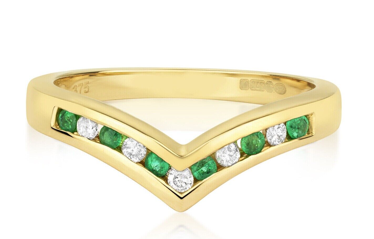 Real Emerald and Diamond Wishbone Ring Solid Yellow Gold Eternity Anniversary