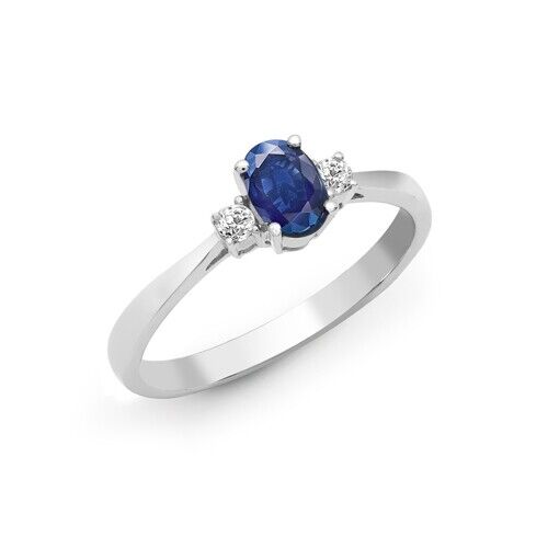 Real Sapphire and Diamond Ring 18ct White Gold Three Stone Trilogy