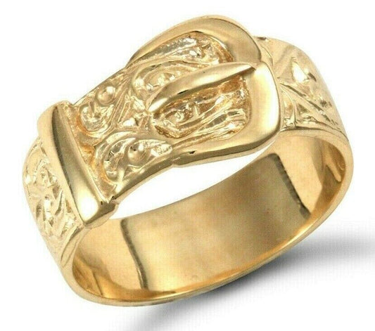 9ct Yellow Gold Gents Buckle Ring Hand Carved 10mm Band Fully Hallmarked