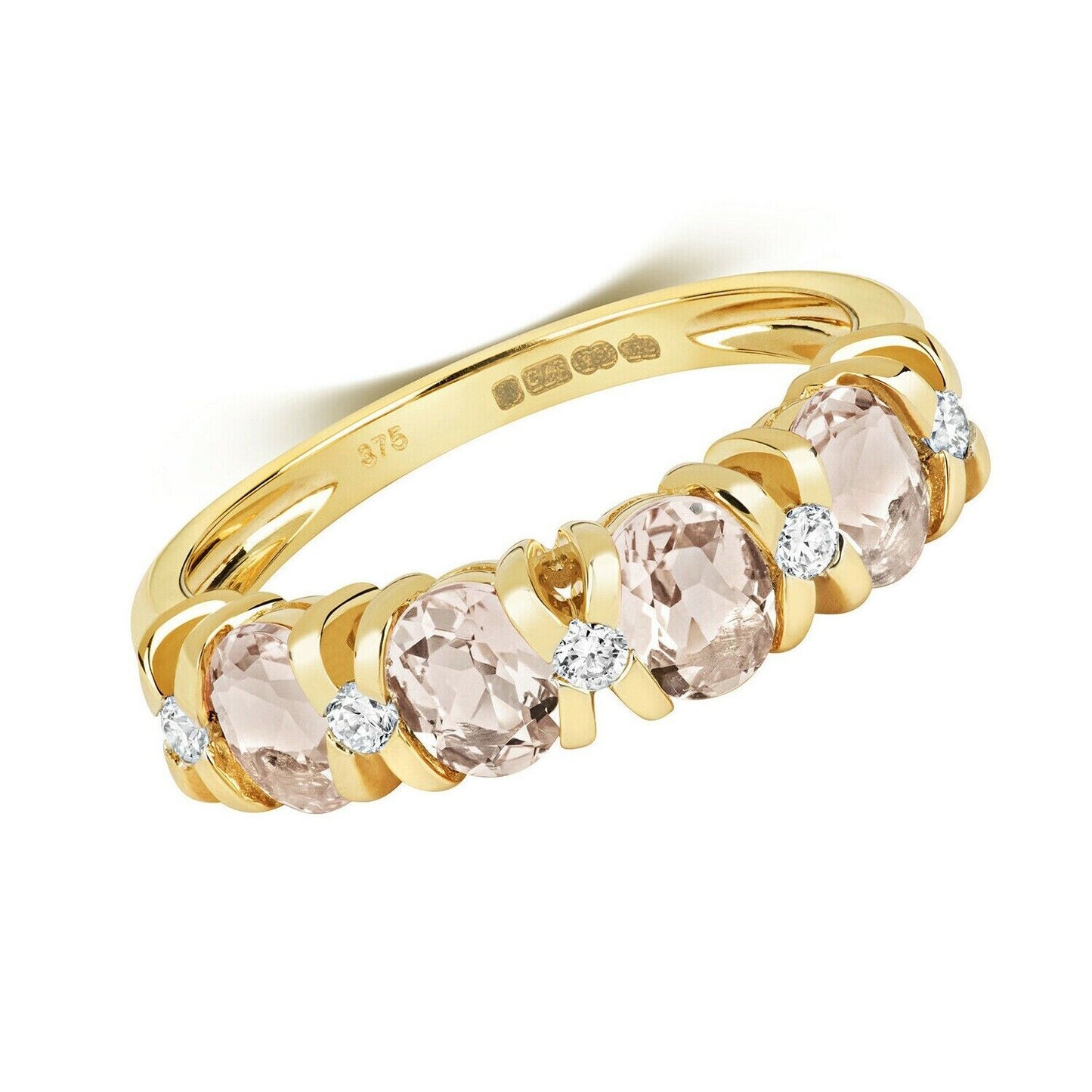 Real Morganite and Diamond Eternity Ring 9ct Yellow Gold Oval Stones Size J - Q