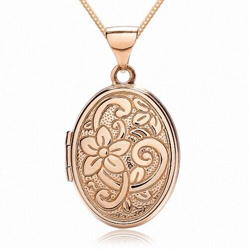 Rose Gold Oval Locket 18" Chain Solid Flower Design Hallmarked