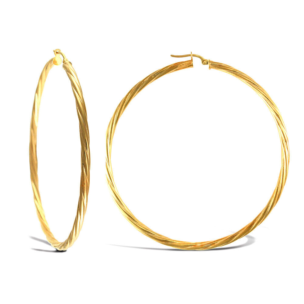 9ct Yellow Gold Hoop Twist Style Earrings British Made Hallmarked 65mm