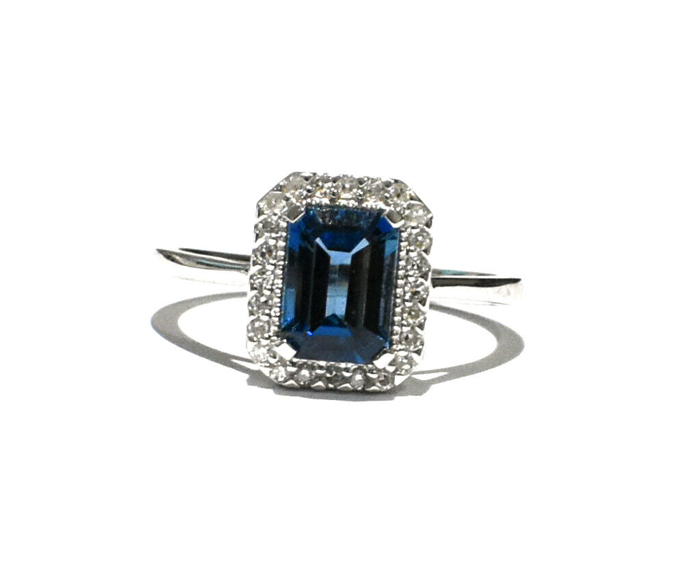 9ct White Gold London Blue Topaz and Diamond Ring Emerald Cut Cluster Size J - Q
