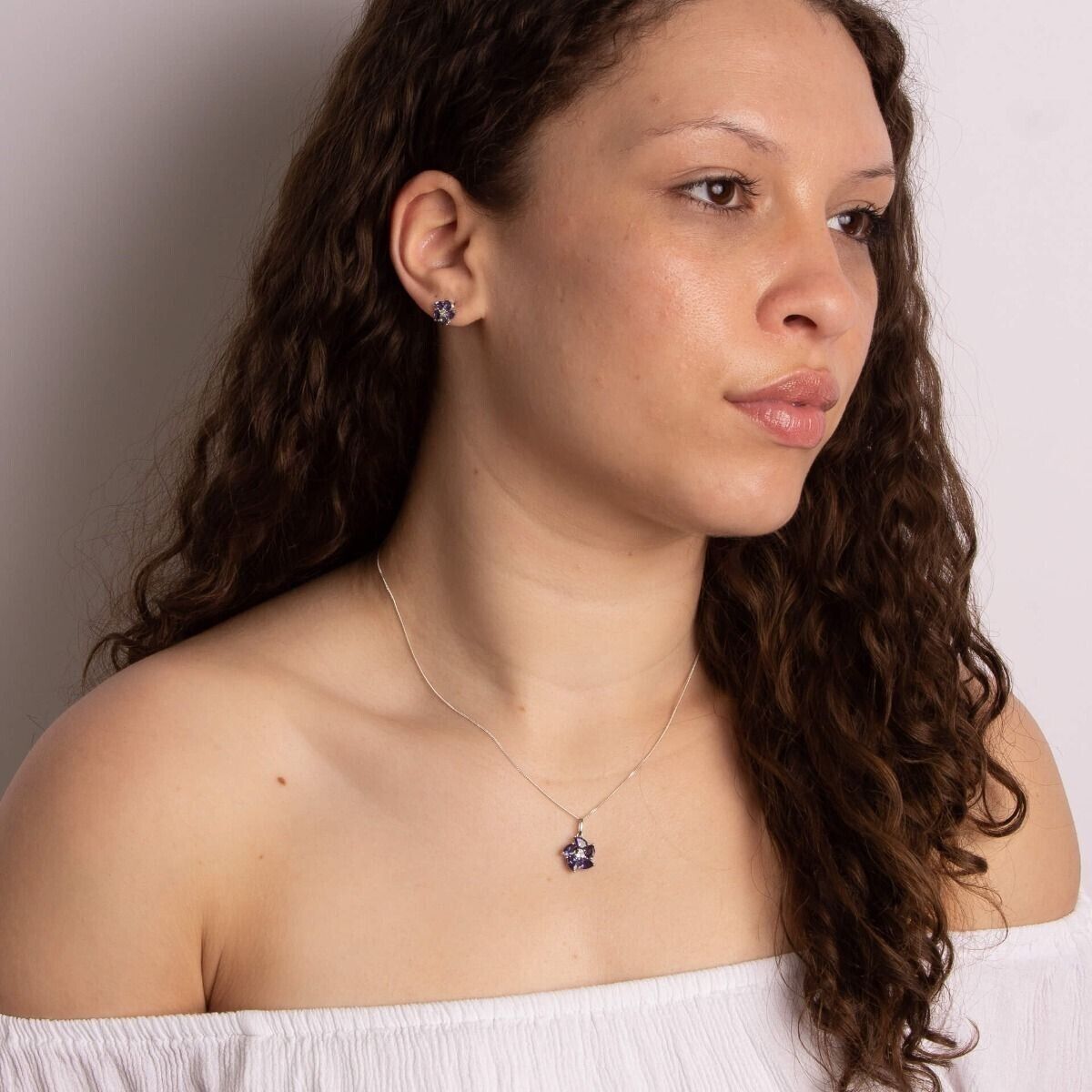 Iolite Diamond Peony Flower Set White Gold Pendant Earrings 16 18 or 20" Chain