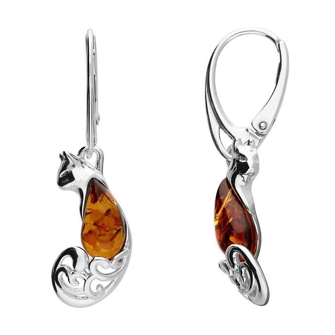 Cognac Amber Cute Cat Earrings Hinged Leverback Solid Sterling Silver 925