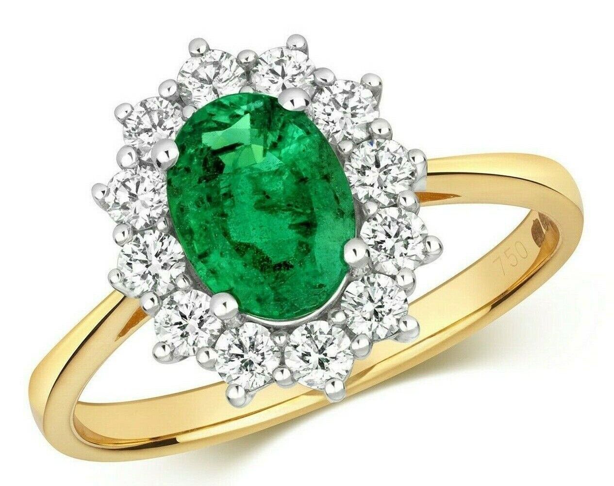 Real Emerald and Diamond Ring 18ct Yellow Gold Oval Cluster 1.74 Carat Weight