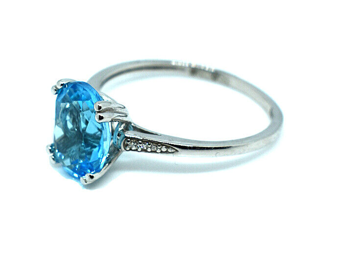 Blue Topaz and Diamond Solitaire Ring Solid White Gold Large Oval 10 x 8mm