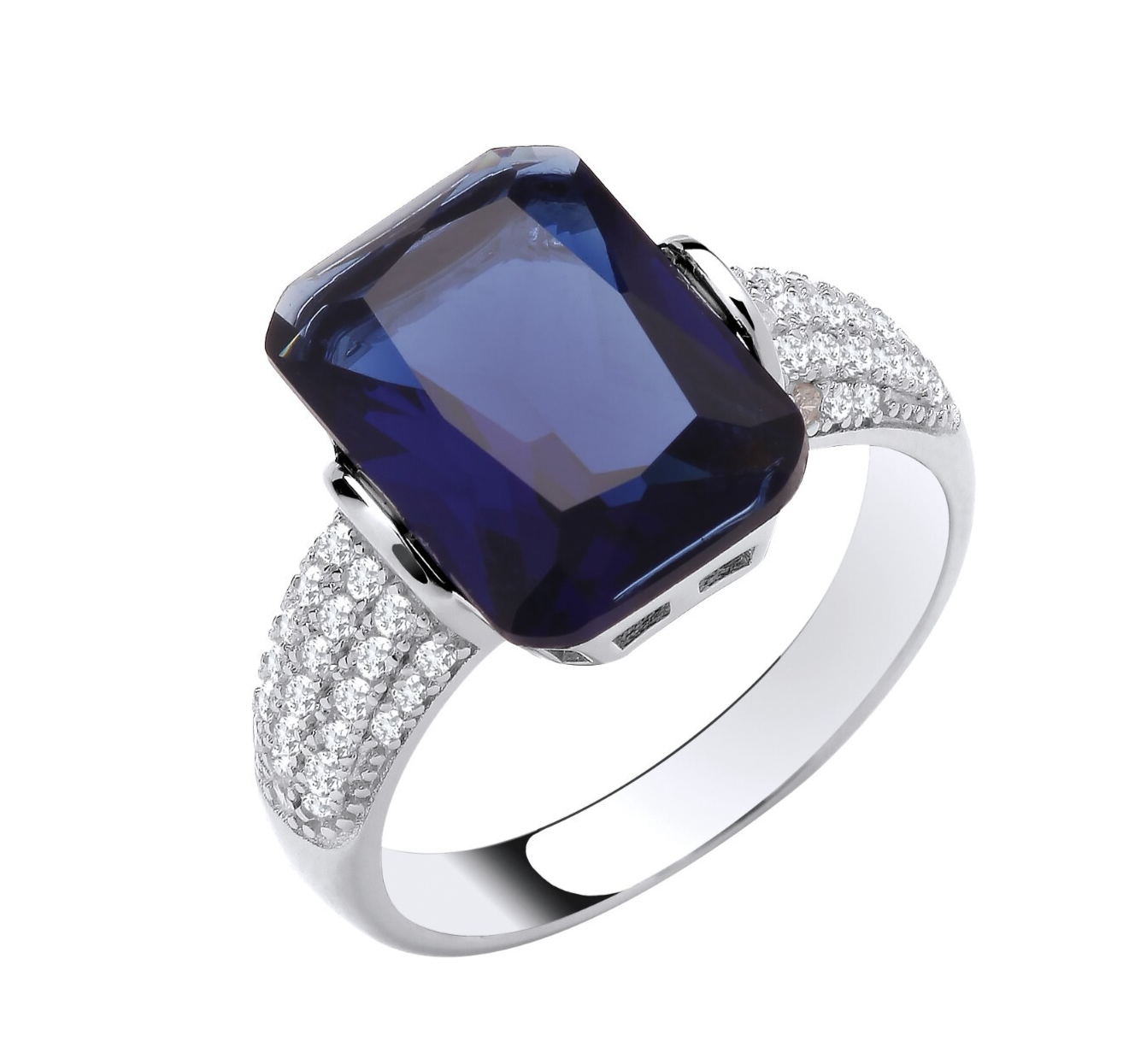 Sterling Silver Sapphire Emerald Cut  Ring Size J - Q British Made 925 Hallmark