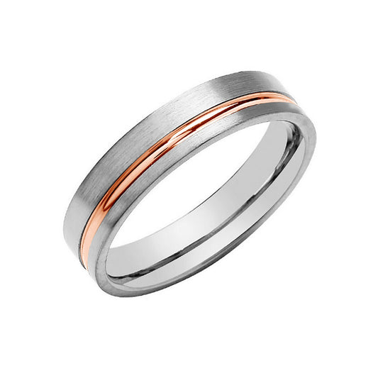 5mm Flat Court Wedding Band Groove Matt/Polished Finish 9ct White & Rose Gold