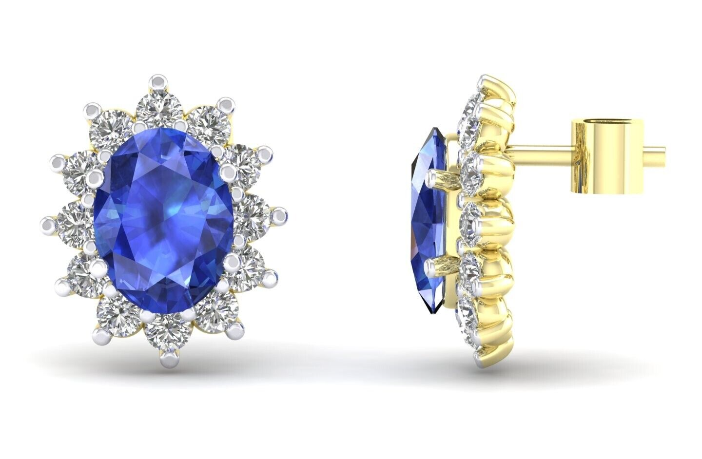 Sapphire Oval Cluster Stud Earrings Solid 9ct Yellow Gold Claw Set Hallmarked