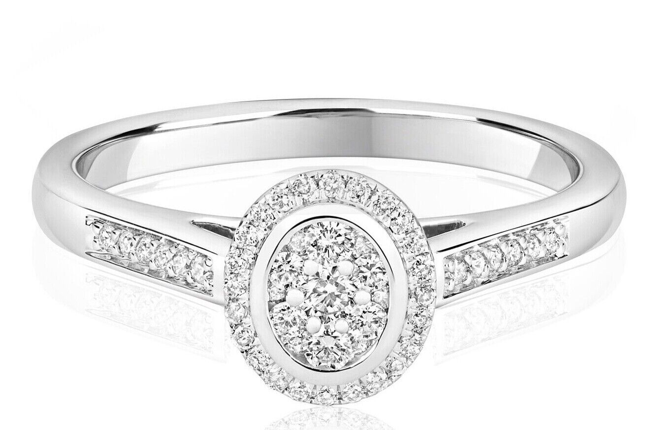 Real Diamond Halo Cluster Ring 9ct White Gold Engagement Oval 0.25ctw