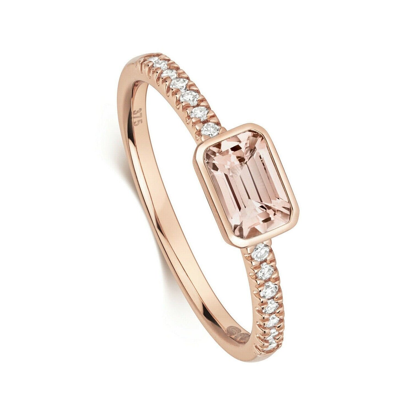 Real Morganite and Diamond Ring Solid Rose Gold Emerald Cut Solitaire Size J - Q