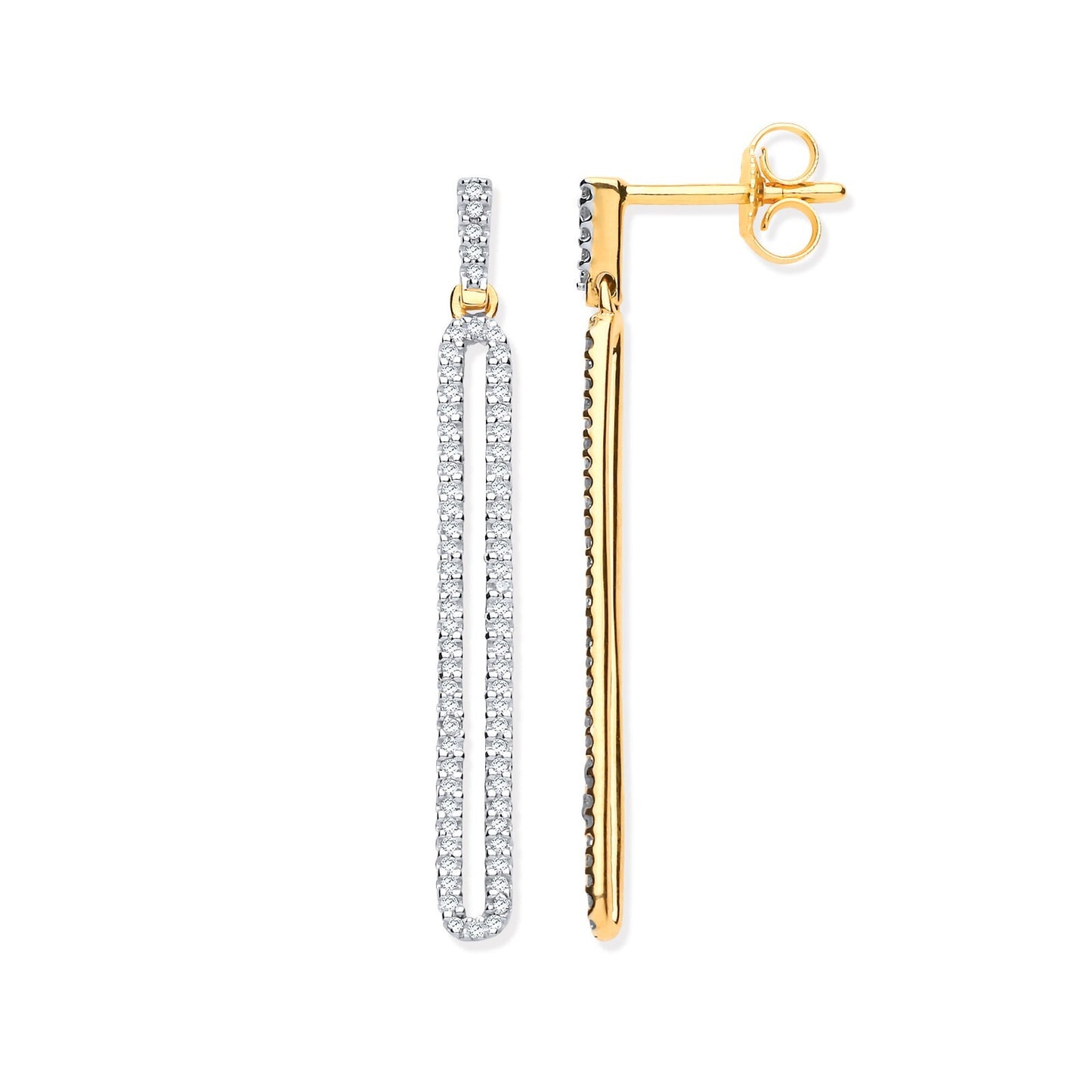 9ct Yellow Gold Long Loop Drop 0.25ct Diamond Earrings 33.5mm Length Hallmarked