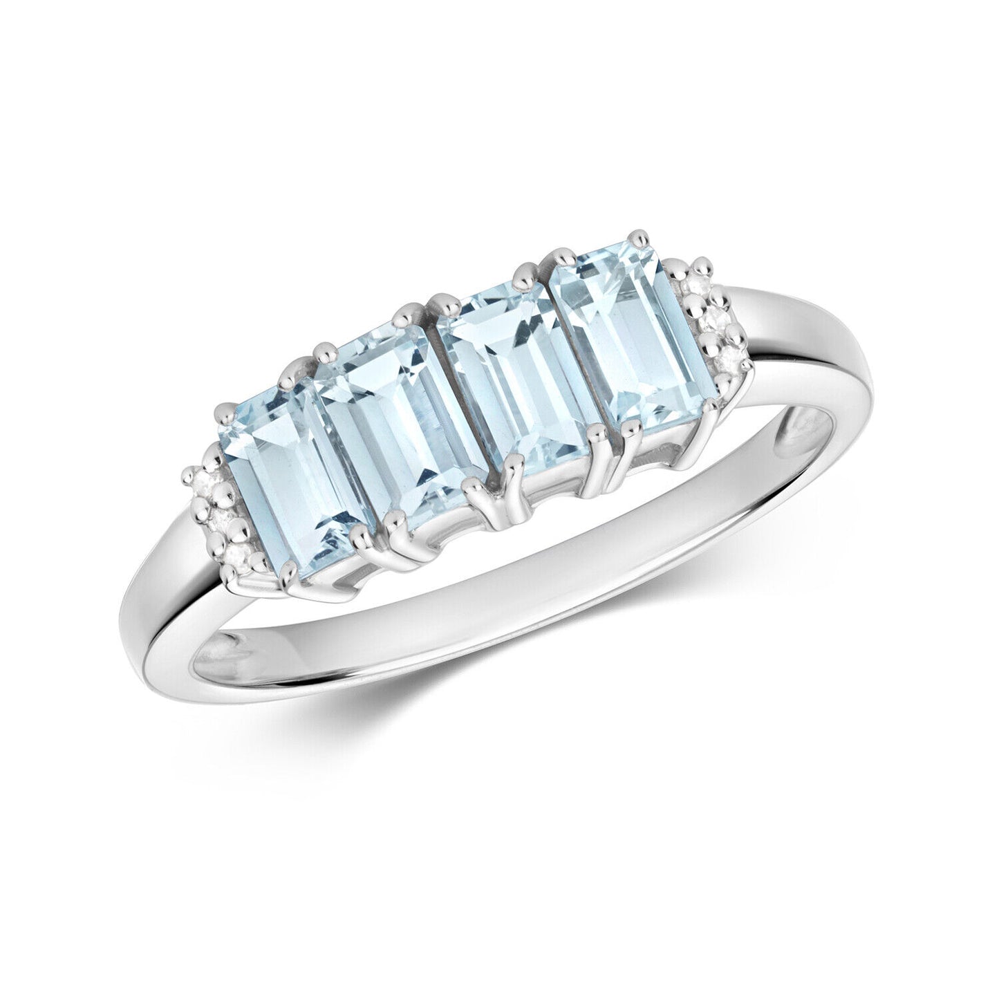 Real Aquamarine and Diamond Ring Solid White Gold Emerald Cut 4 Stone Size J-Q
