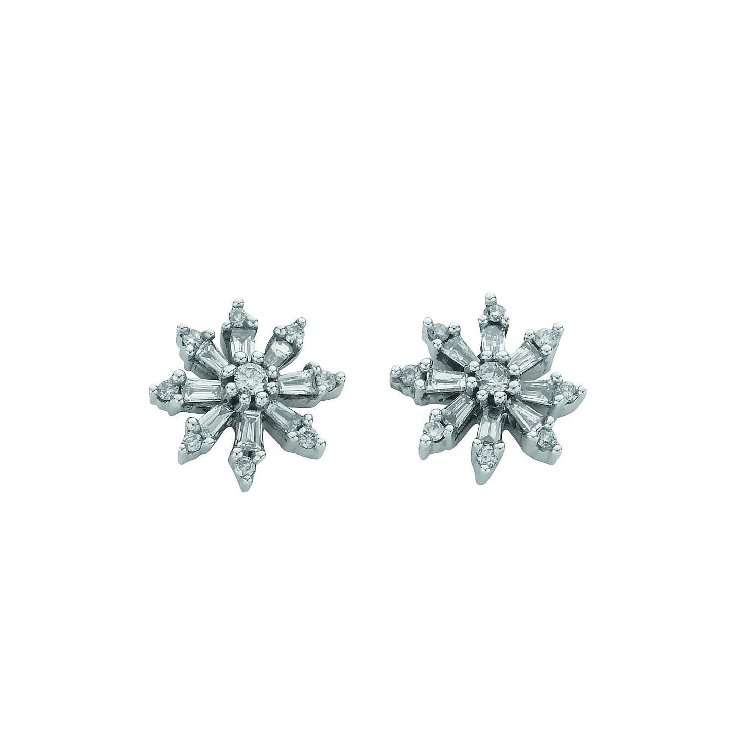 9ct White Gold Snowflake 0.35ct Diamond Studs Earrings Hallmarked - 10mm