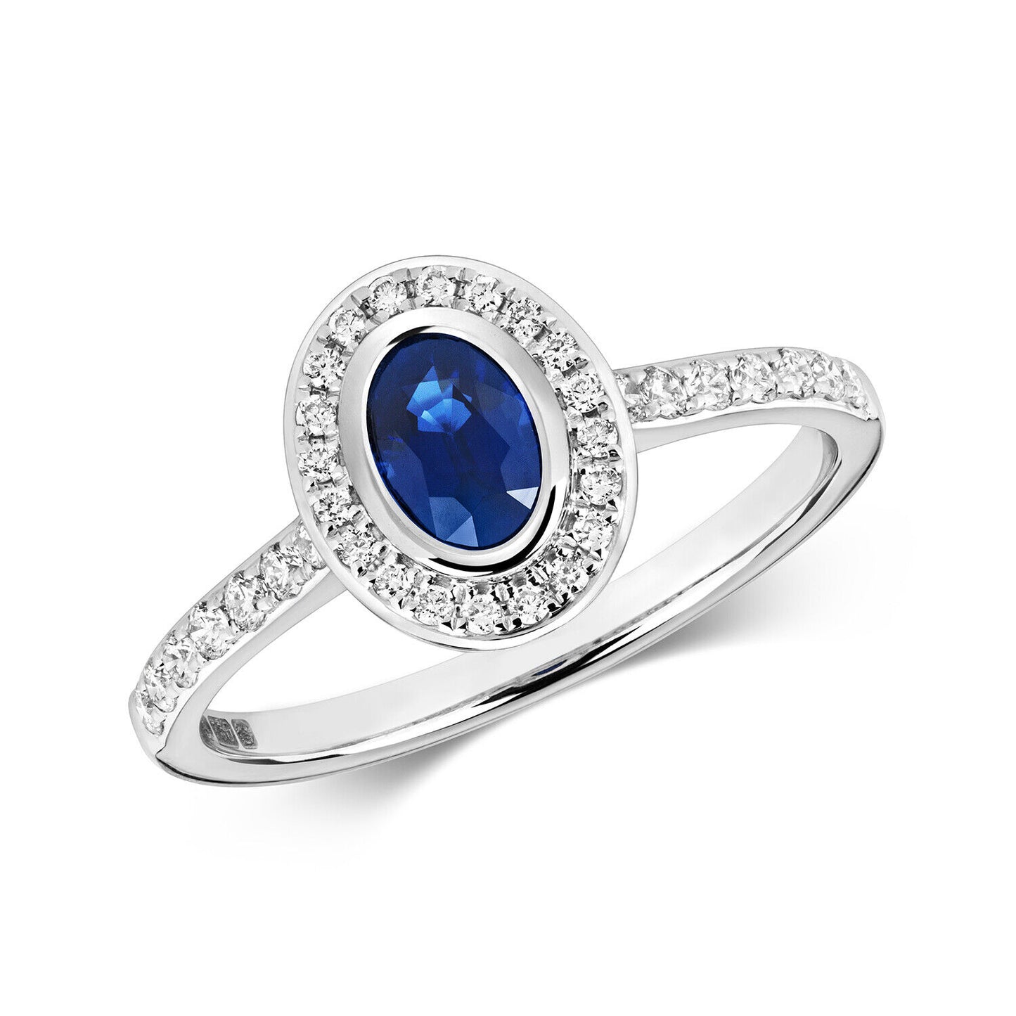 Real Sapphire and Diamond Ring 9ct White Gold Oval Halo Cluster Engagement