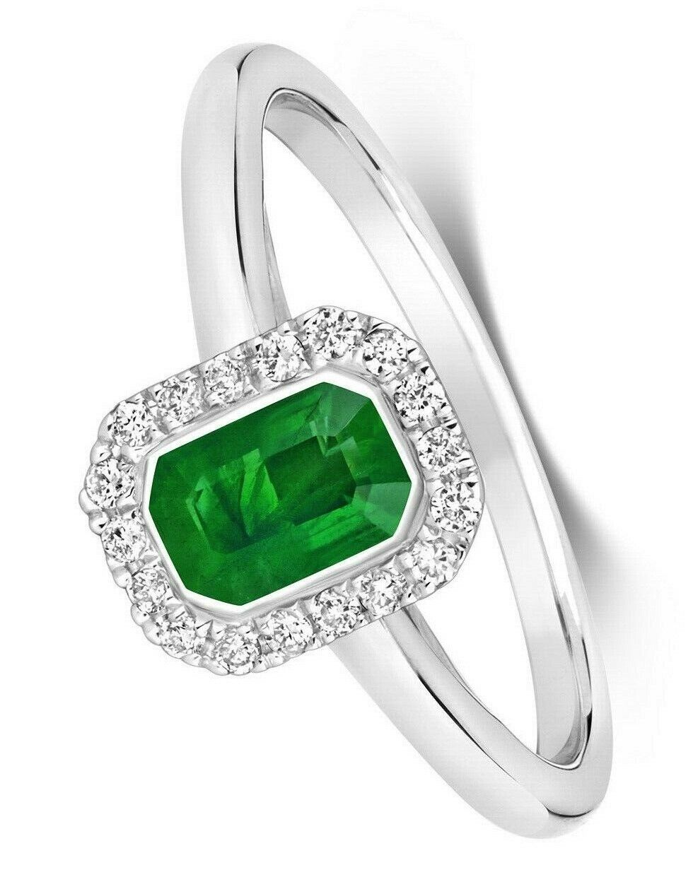 Real Emerald and Diamond Ring 9ct White Gold Octagon Cluster Engagement