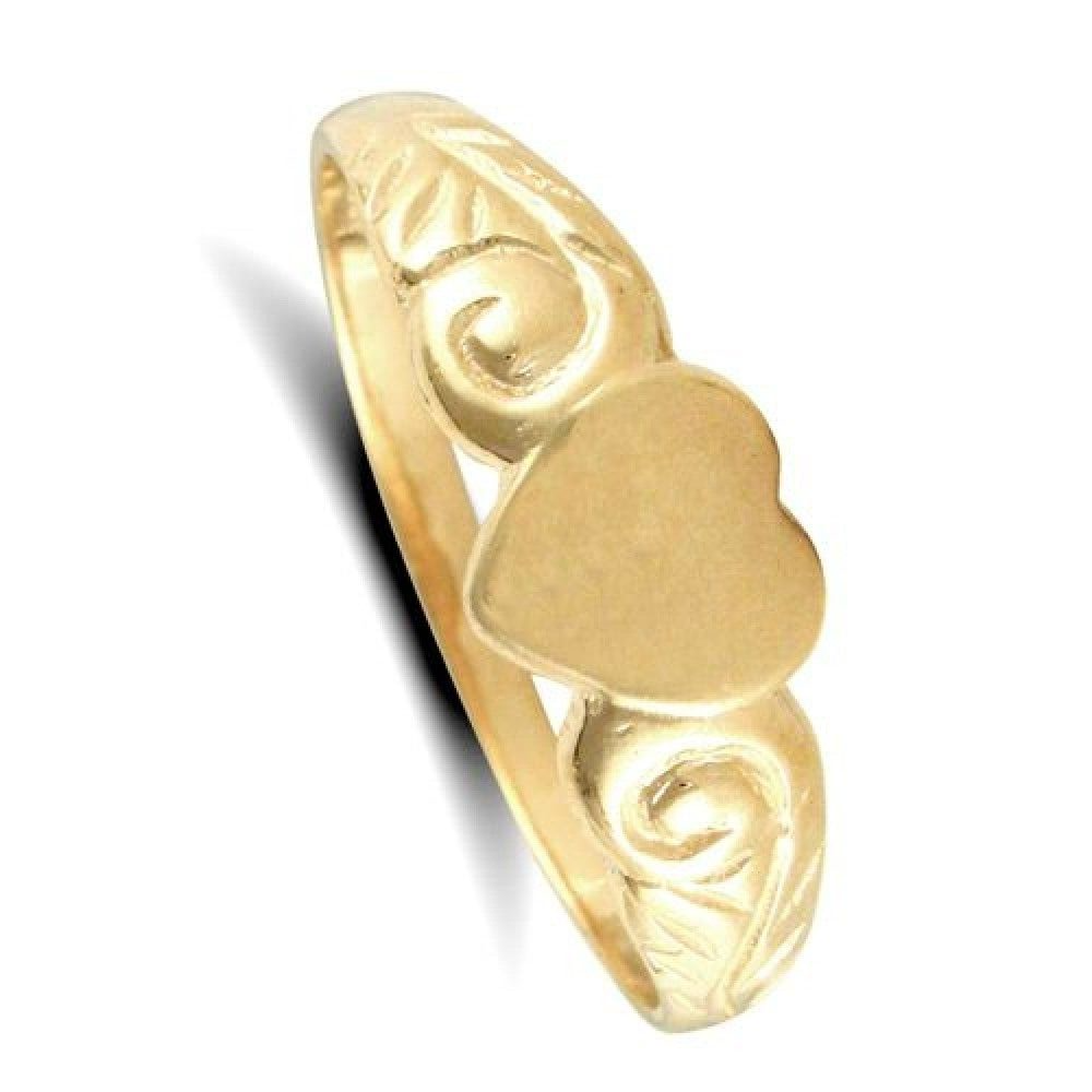 Solid 9ct Yellow Gold Heart Signet Ring Hand Finished Scrolled Shoulders