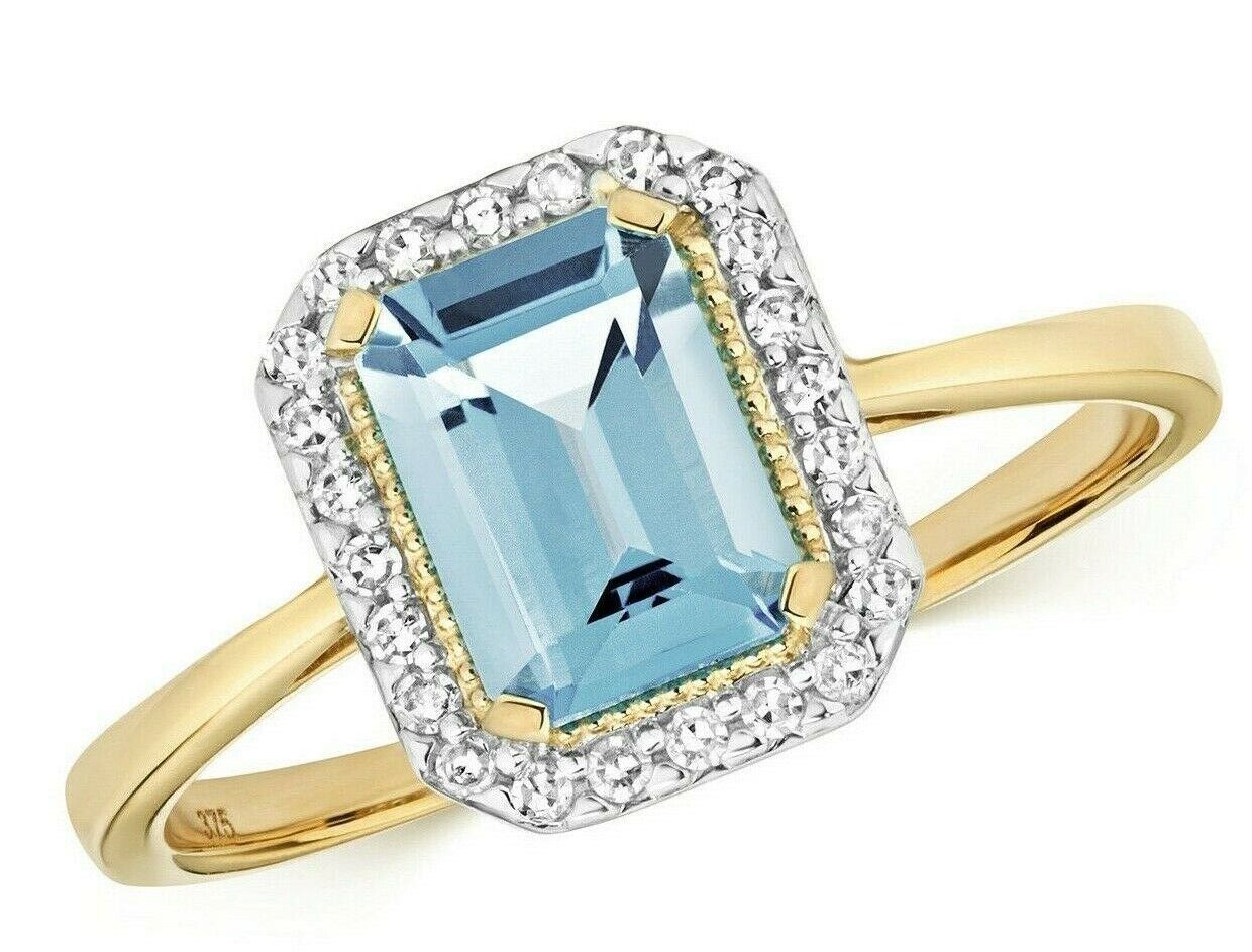 9ct Yellow Gold Blue Topaz and Diamond Ring Emerald Cut Cluster Size JKLMNOPQ