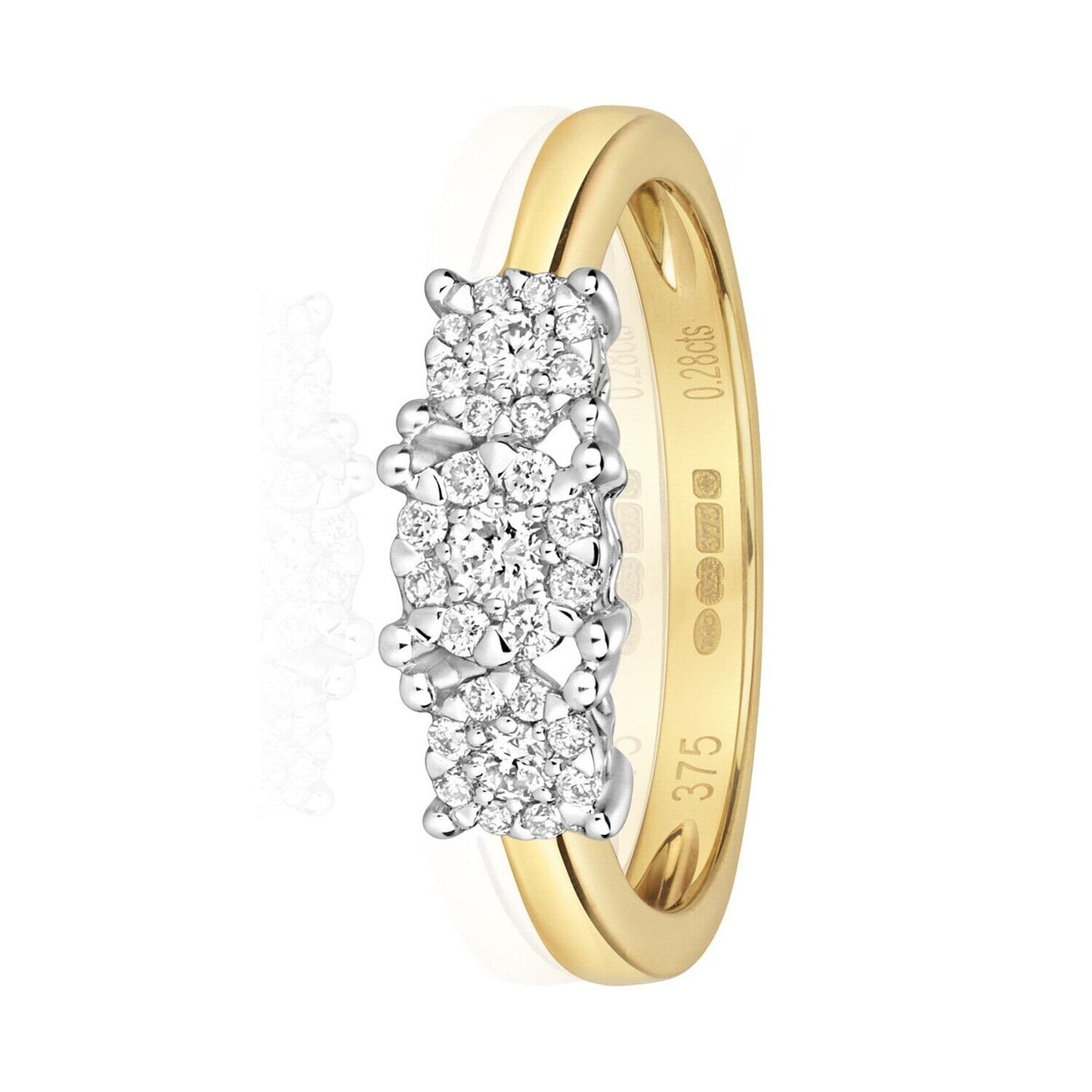 Real Diamond Ring Three Stone Cluster Trilogy 9ct Yellow Gold 0.29ctw Size J - Q