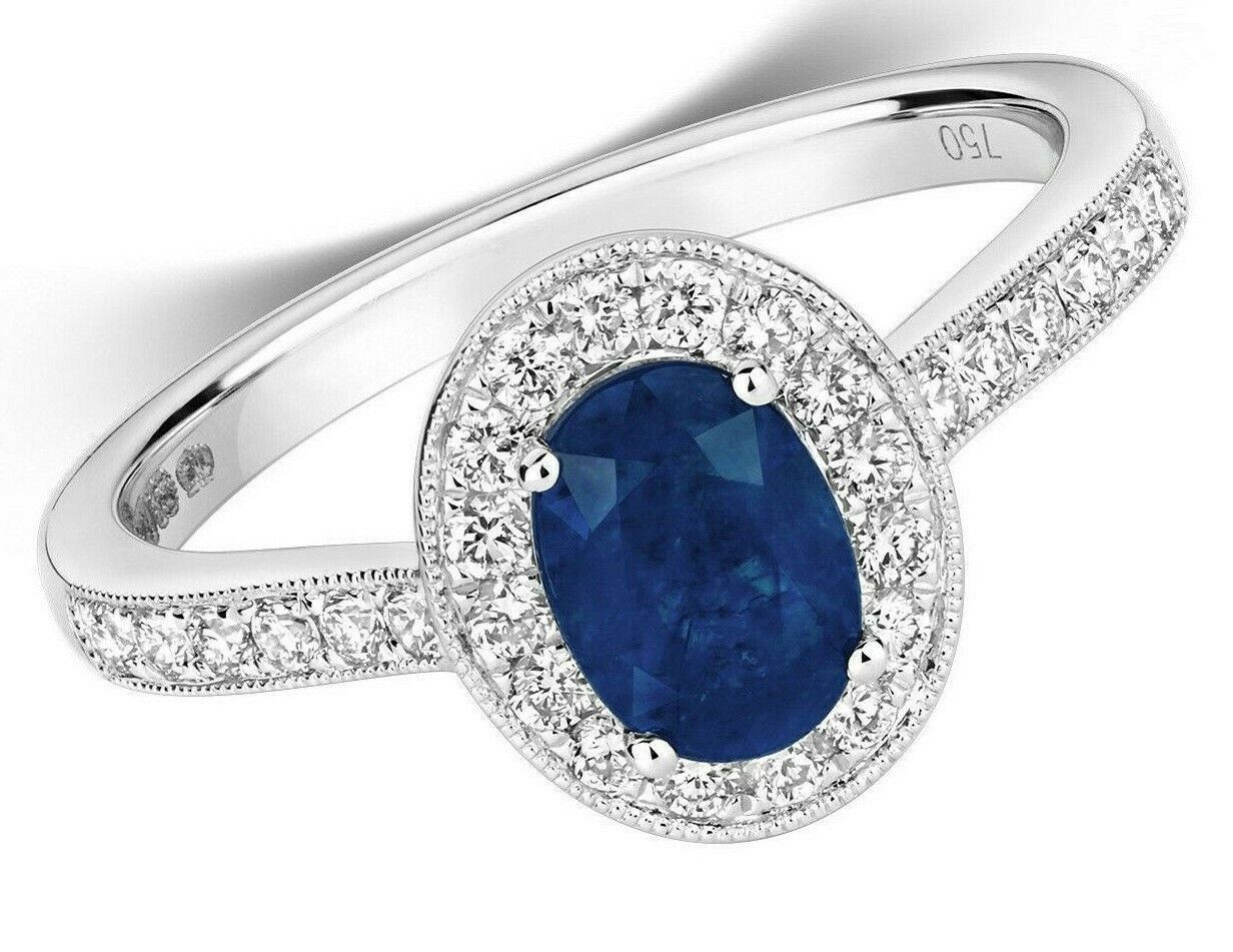 Real Sapphire and Diamond Ring 18ct White Gold Oval Halo Cluster