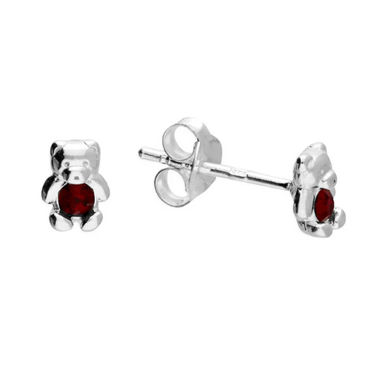 Teddy Bear Stud Earrings January Birthstone Crystal 925 Solid Sterling Silver